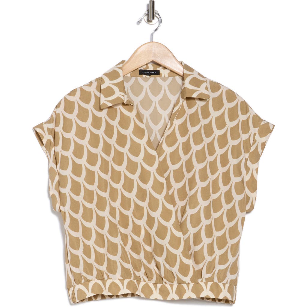 Pleione Collared Short Sleeve Faux Wrap Crop Top In Taupe Ivory Water Drop