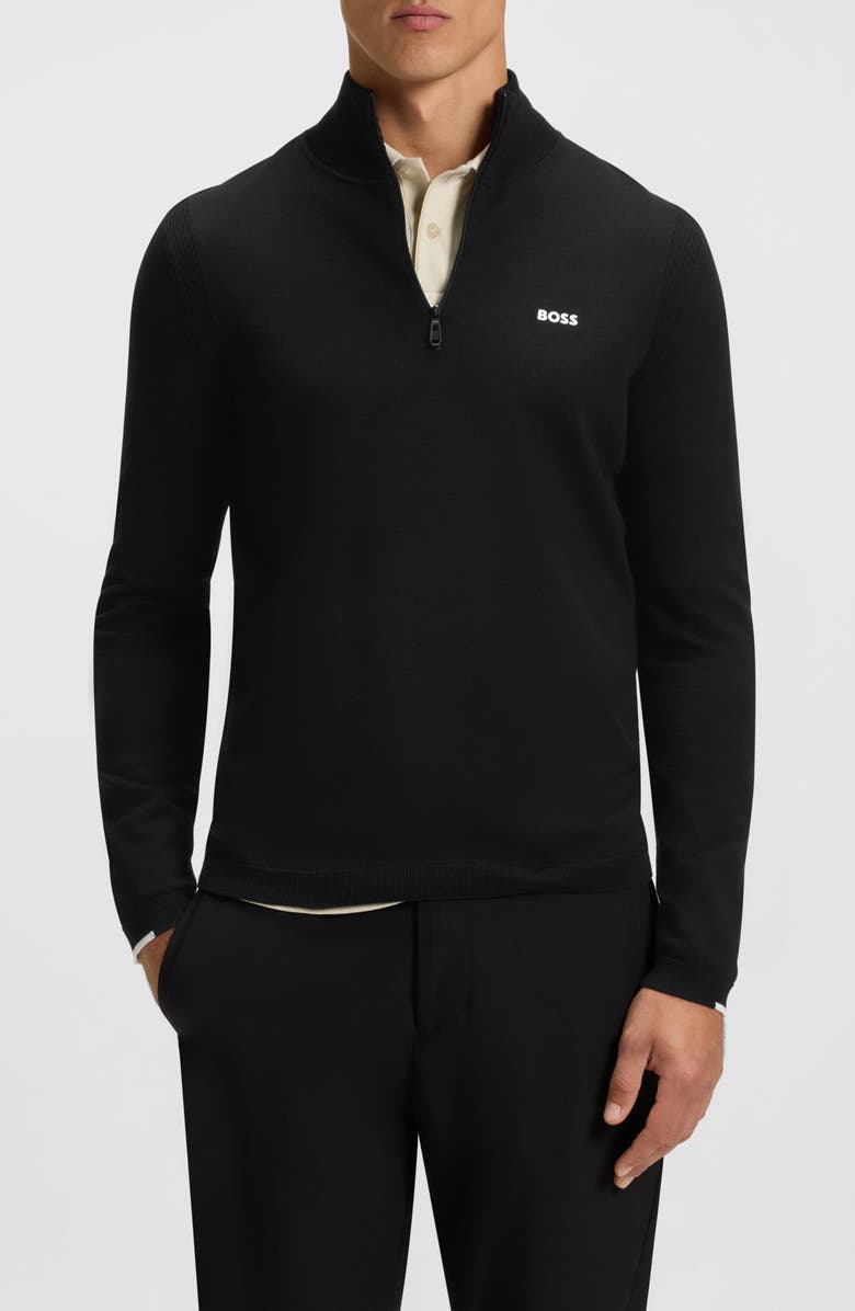 BOSS Ever-X Quarter Zip Cotton Sweater, Main, color, Black