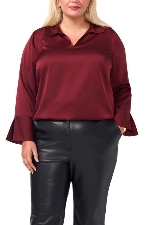 Long Sleeve Hammered Satin Top (Plus)