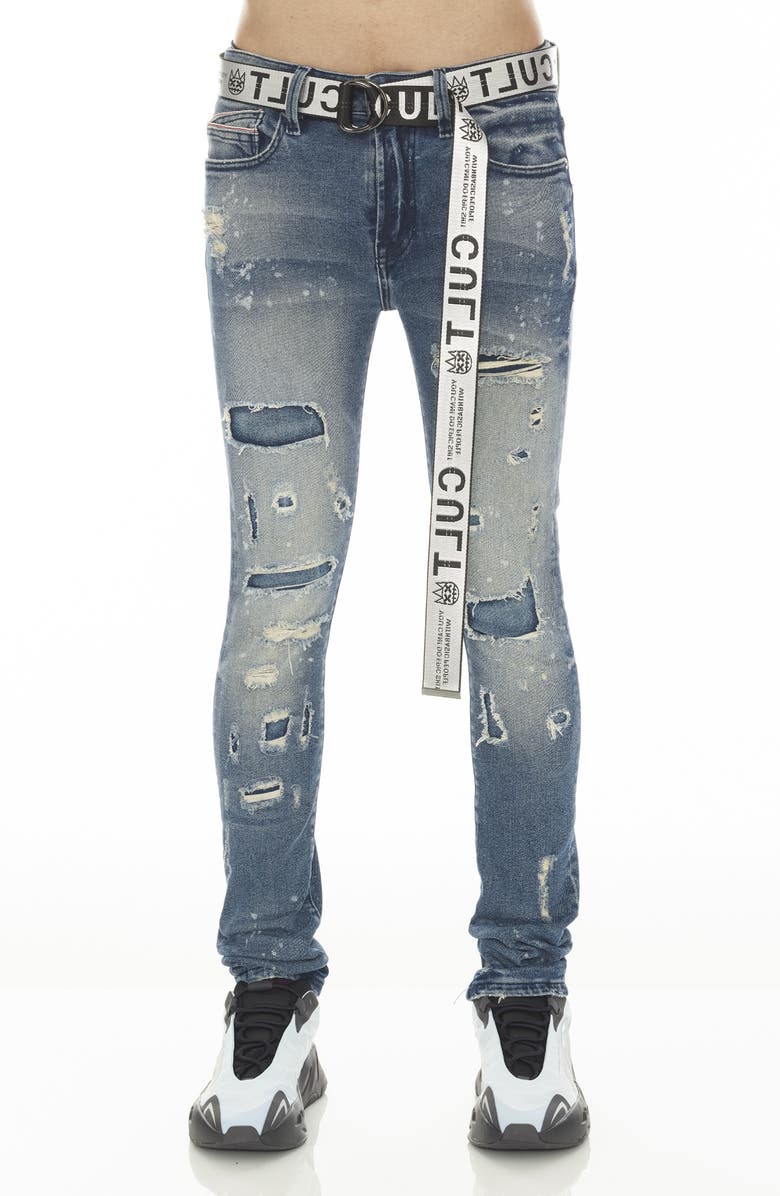 Cult of Individuality Punk Belted Distressed Super Skinny Jeans, Main, color, Basil