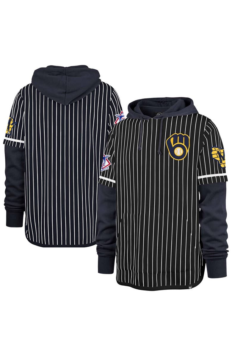 '47 Men's '47  Navy Milwaukee Brewers Pinstripe Double Header Pullover Hoodie, Alternate, color, 