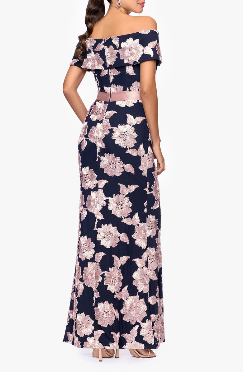 Betsy & Adam Soutache Floral Off the Shoulder Gown, Alternate, color, Navy/ Rose