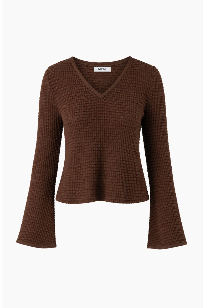 Waffle-knit V-neck Flared Bell-sleeve Cropped Sweater, Alternate, color, Brown