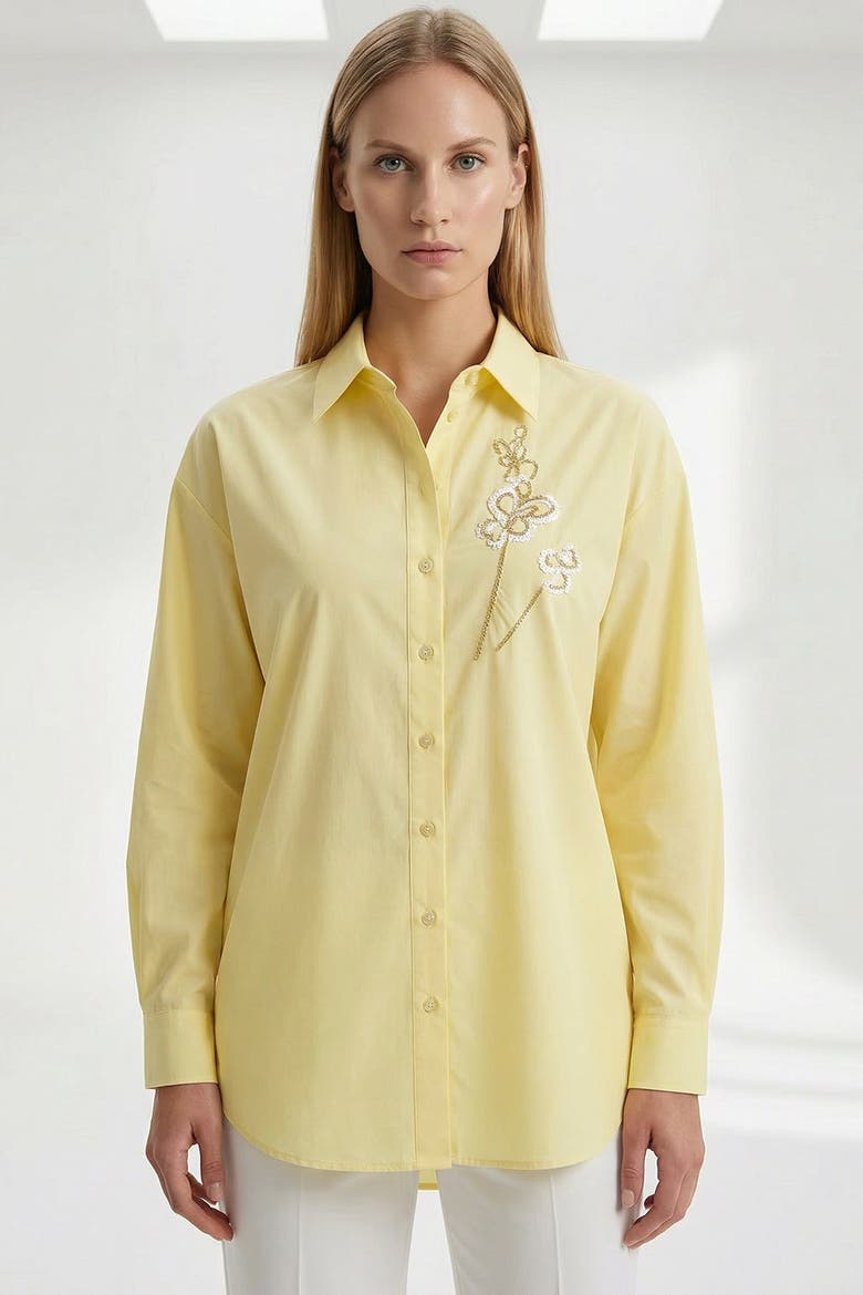 Bernetta Shirt Collar Long Sleeve Embroidered Shirt, Main, color, Yellow