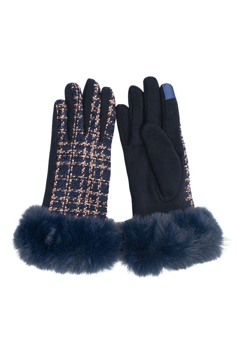Faux Fur Trim Tweed Touchscreen Gloves, Main, color, NAVY