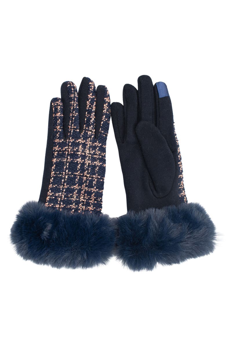 MARCUS ADLER Faux Fur Trim Tweed Touchscreen Gloves, Main, color, Navy