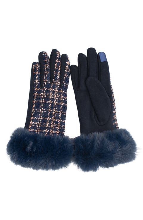 Faux Fur Trim Tweed Touchscreen Gloves