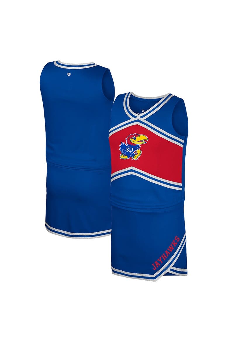 Girls Youth Colosseum Royal Kansas Jayhawks Cheerleader Top & Skirt Set, Main, color, Royal