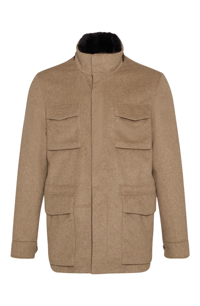 GORSKI Mens Fabric Jacket with Genuine Shearling Collar, Alternate, color, Light Brown