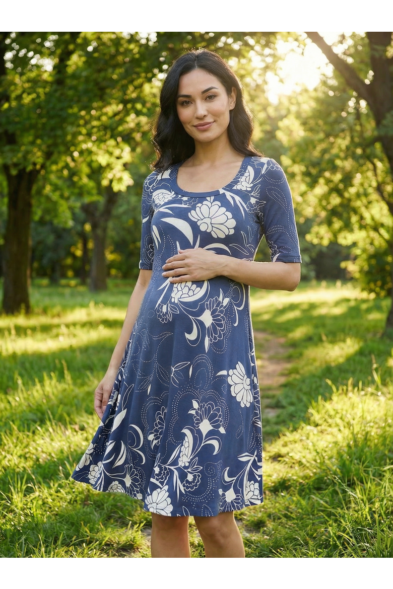 Maternity Floral Scoop Neck Elbow Sleeve Knee Length Skater Dress, Alternate, color, Navy Multi