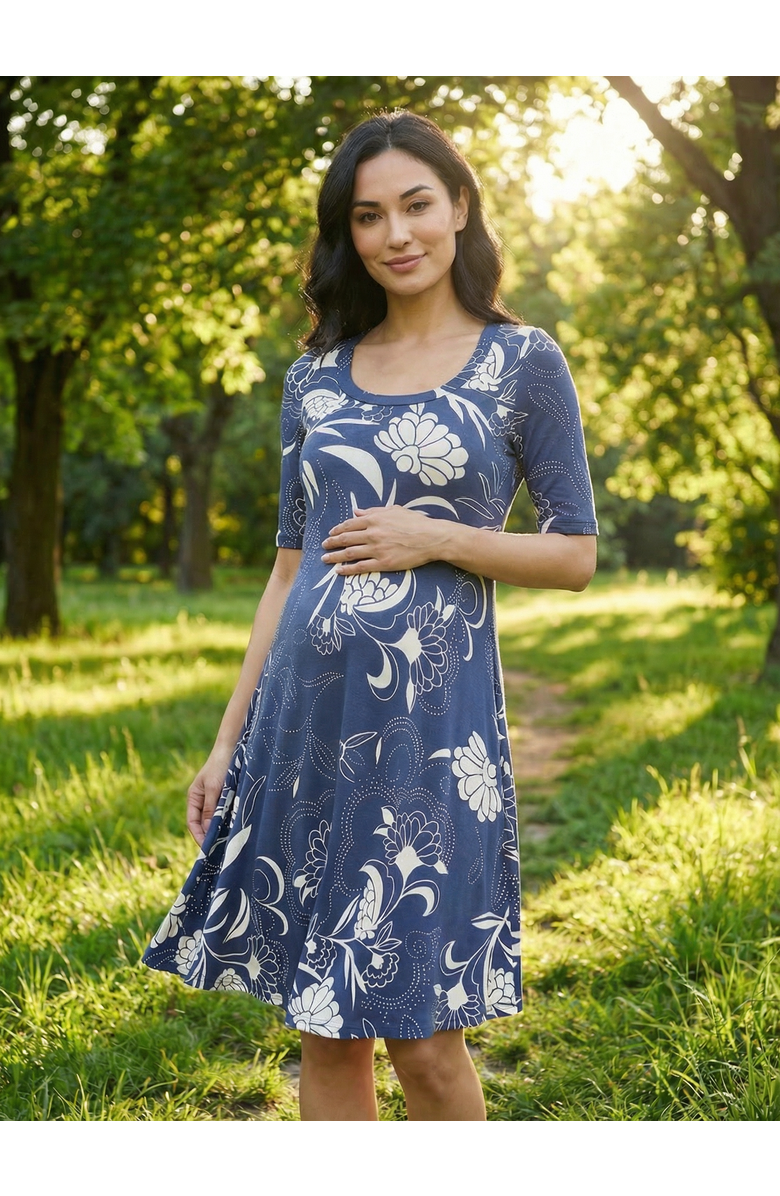 24seven Comfort Apparel Maternity Floral Scoop Neck Elbow Sleeve Knee Length Skater Dress, Alternate, color, Navy Multi