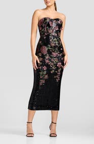 Dress the Population Shailene Floral Embroidered Sequin Strapless Cocktail Dress