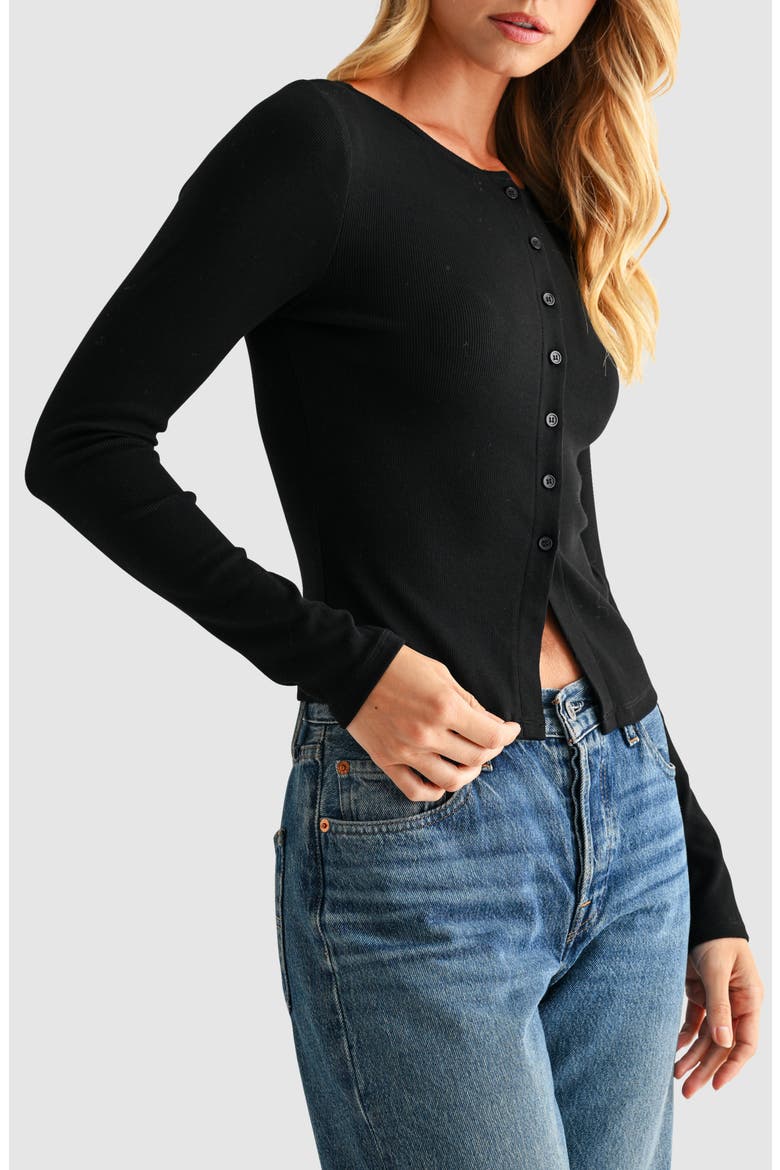 Long Sleeve Button Front Crop Top, Alternate, color, BLACK