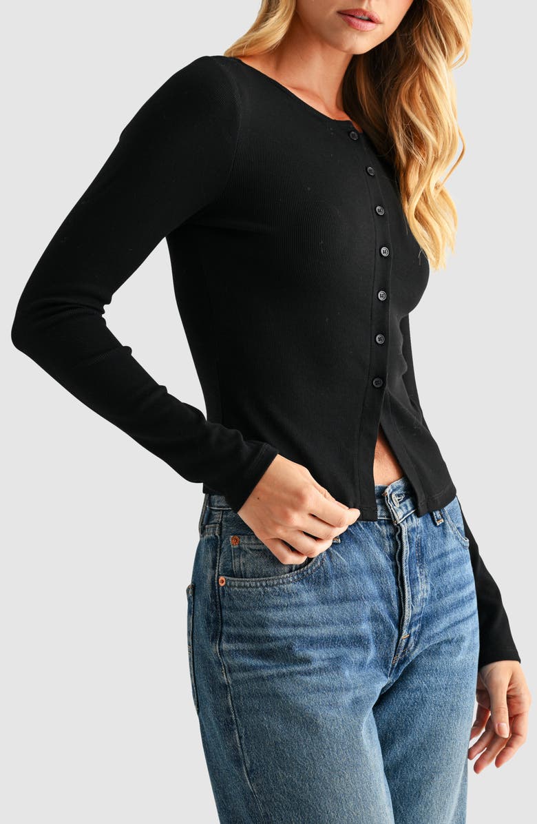 Lush Long Sleeve Button Front Crop Top, Alternate, color, Black