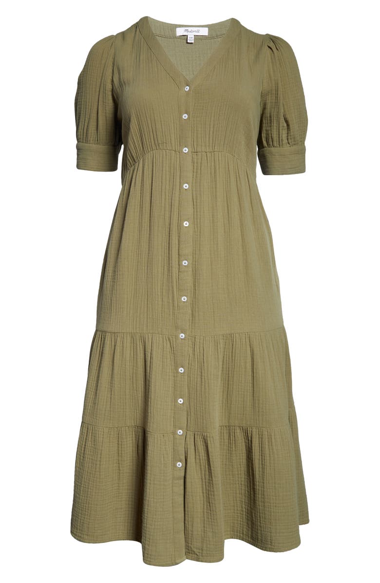 Madewell Lightspun Tiered Button Front Midi Dress, Alternate, color, Tundra