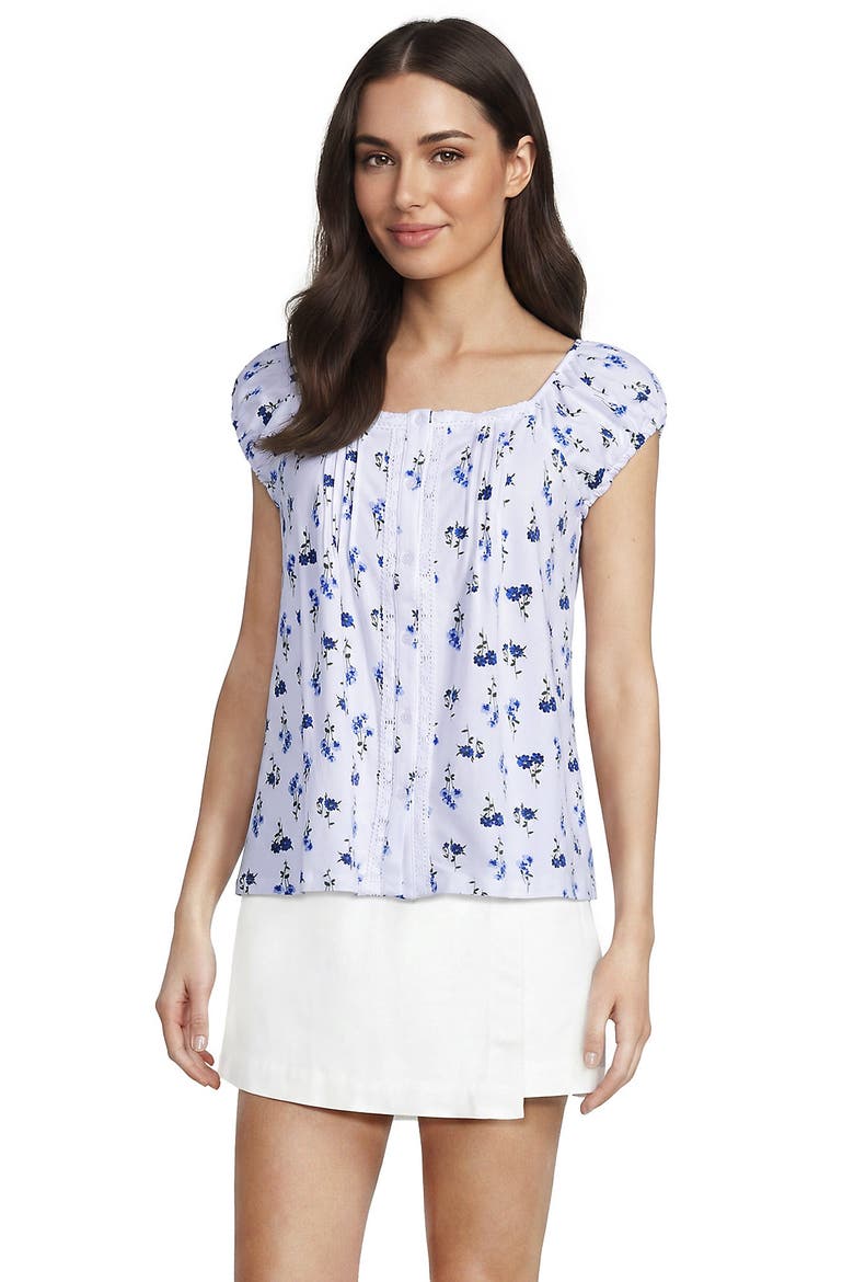 Sleeveless Lightweight Jersey Pintuck Button Front Blouse, Alternate, color, White/Clear Blue Sky Flowers