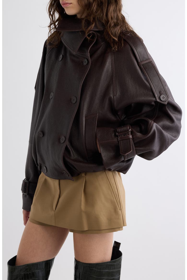 Laris Leather Crop Trench Coat, Alternate, color, DARK BROWN