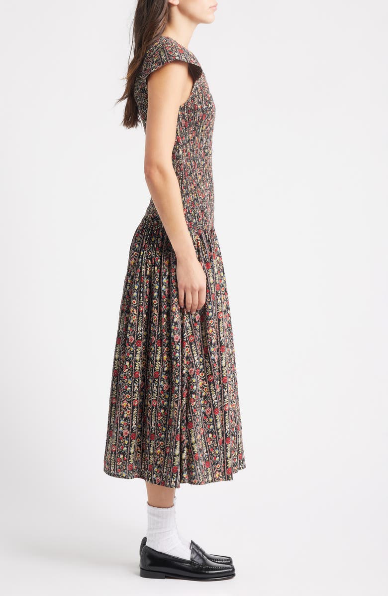THE GREAT. The Paramour Floral Print Midi Dress, Alternate, color, Black/ Garland Print