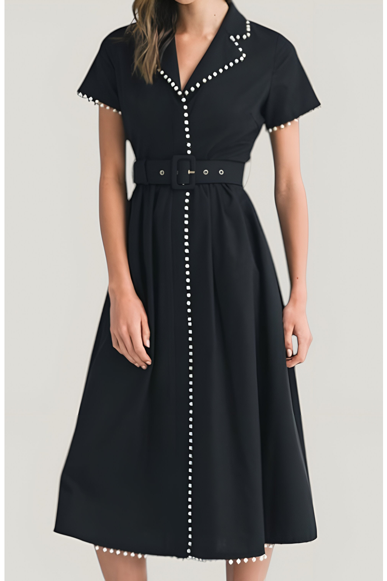 Short Sleeve Collared Midi Dress with Pearl Details and Statement Belt, Alternate, color, Black