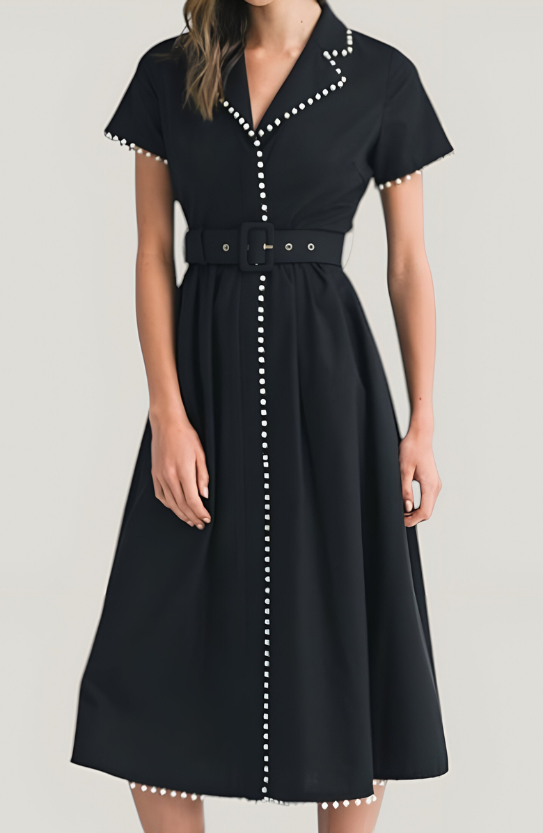 Modenaire Short Sleeve Collared Midi Dress with Pearl Details and Statement Belt, Alternate, color, 