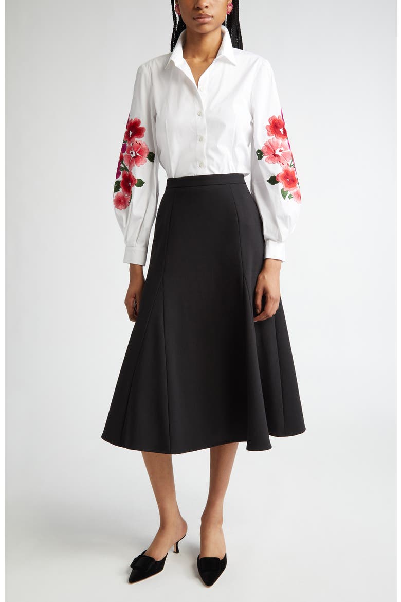 A-Line Stretch Virgin Wool Midi Skirt, Alternate, color, BLACK