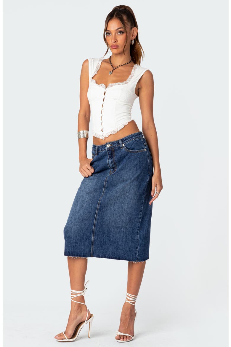 Mirah Raw Hem Denim Midi Skirt, Alternate, color, DARK-BLUE-WASHED