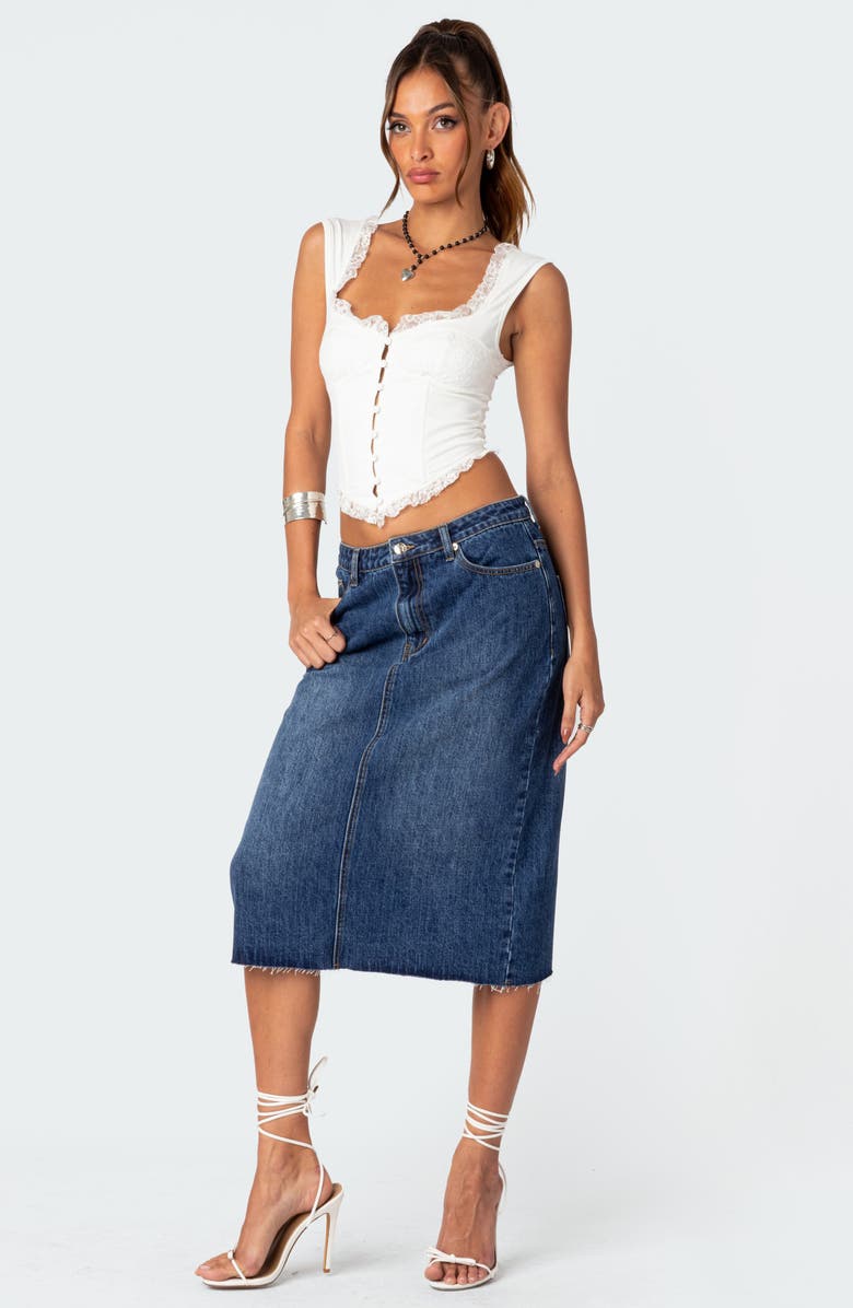 EDIKTED Mirah Raw Hem Denim Midi Skirt, Alternate, color, Dark-Blue-Washed
