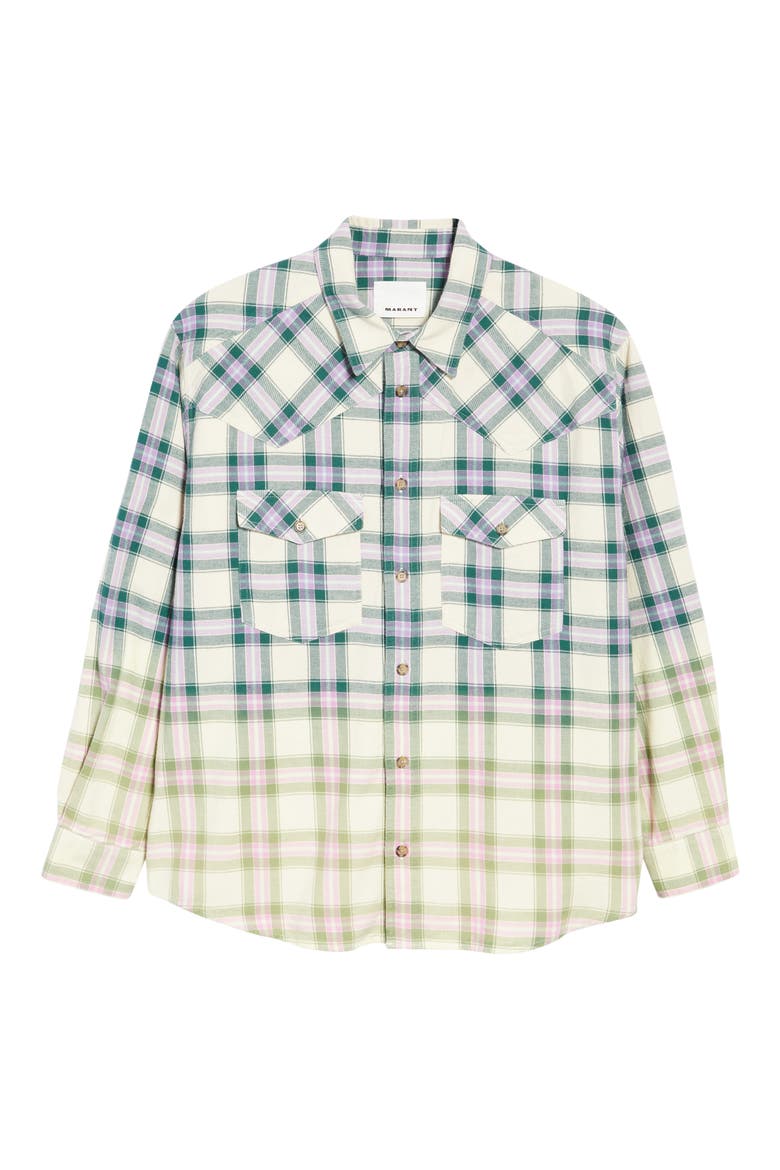 Manem Ombré Plaid Cotton Button-Up Shirt, Alternate, color, GREEN/ LILAC GRLC