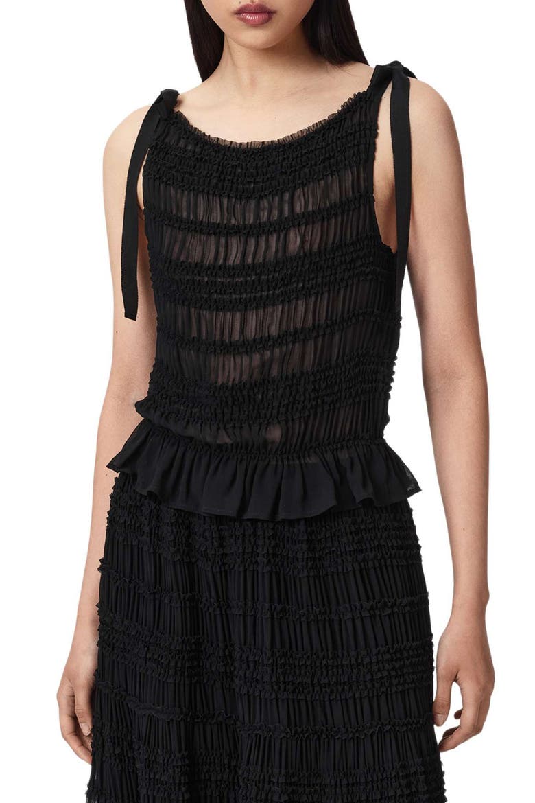 Lotus Sheer Shirred Tie Shoulder Peplum Top, Main, color, BLACK