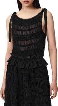 AllSaints Lotus Sheer Shirred Tie Shoulder Peplum Top