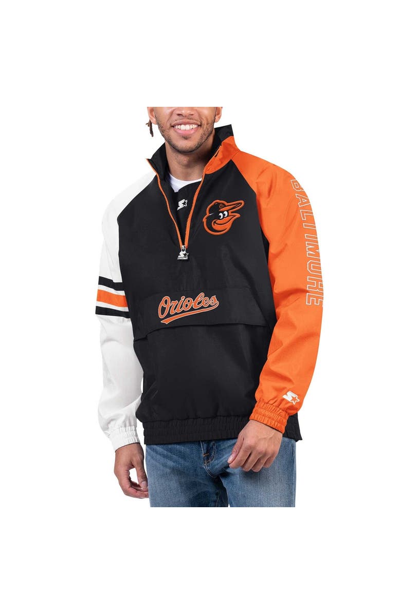 STARTER Men's Starter Black/Orange Baltimore Orioles Elite Raglan Half-Zip Jacket, Main, color,