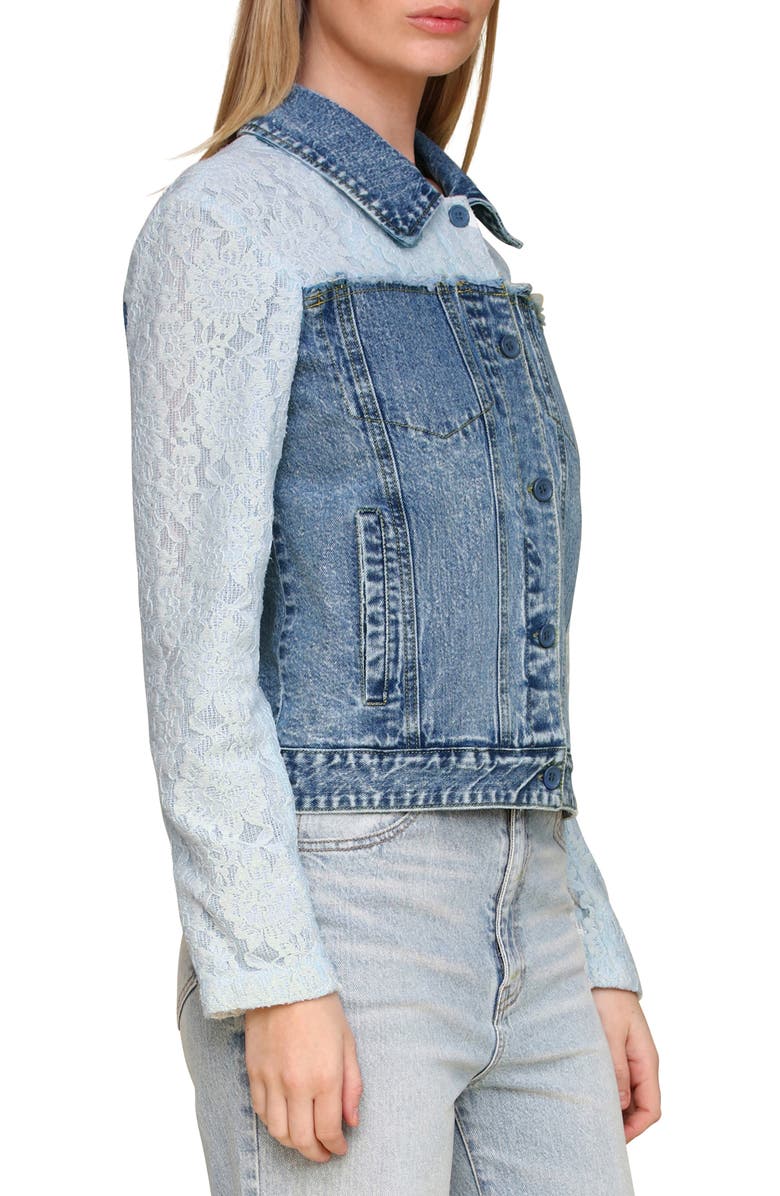 Bagatelle Mixed Media Denim Trucker Jacket, Alternate, color, White Light Wash