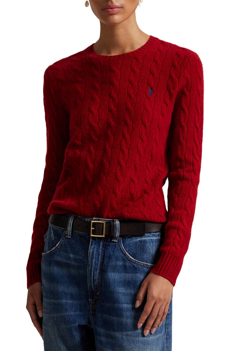 Julianna Cable Knit Wool & Cashmere Sweater, Main, color, FIRESIDE RED