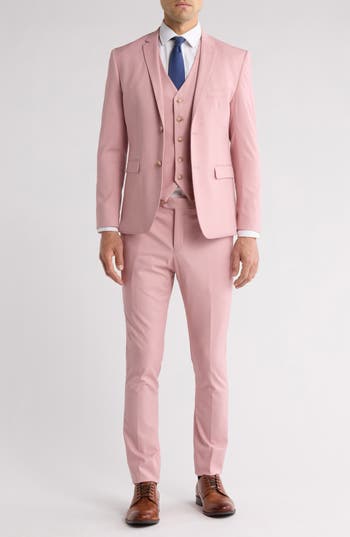 Gino Vitale Skinny Fit Solid Stretch Three Piece Suit In Soft Pink
