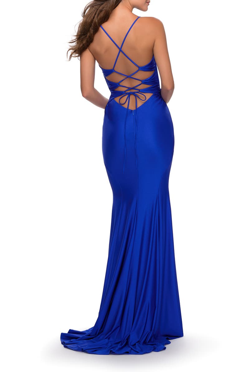La Femme Triple Twist Detail Satin Jersey Trumpet Gown, Alternate, color,