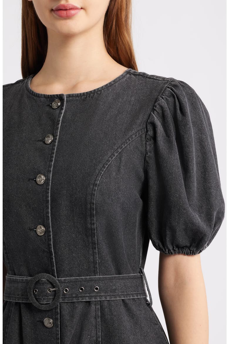Puff Sleeve Belted Cotton Blend Denim Shirtdress, Alternate, color, BLACK DENIM