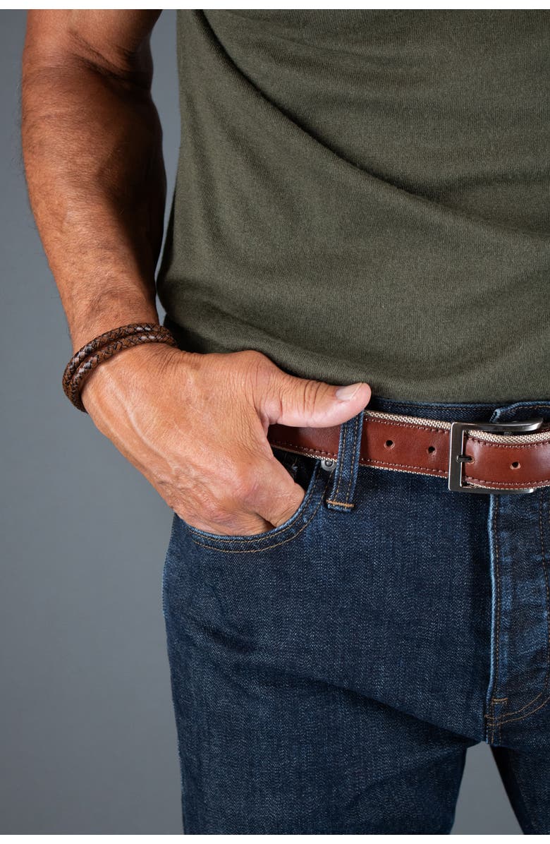 Trafalgar Simple Double Band Braided Secure Clasp Leather Bracelet, Alternate, color, Brown