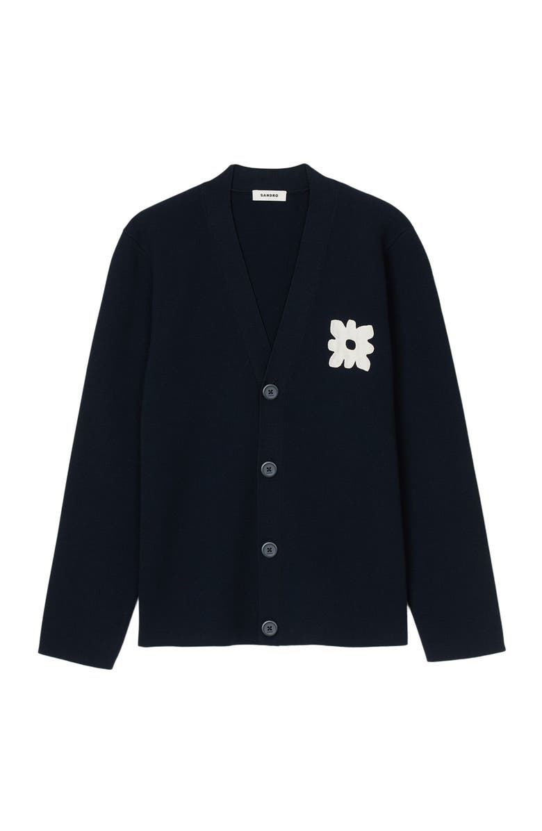 SANDRO Cardigan with flower detail, Alternate, color, Navy Blue