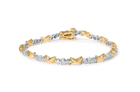 10K Two-Tone Gold 1/2 Cttw Diamond Alternating 3 Stone and X-Link Bracelet