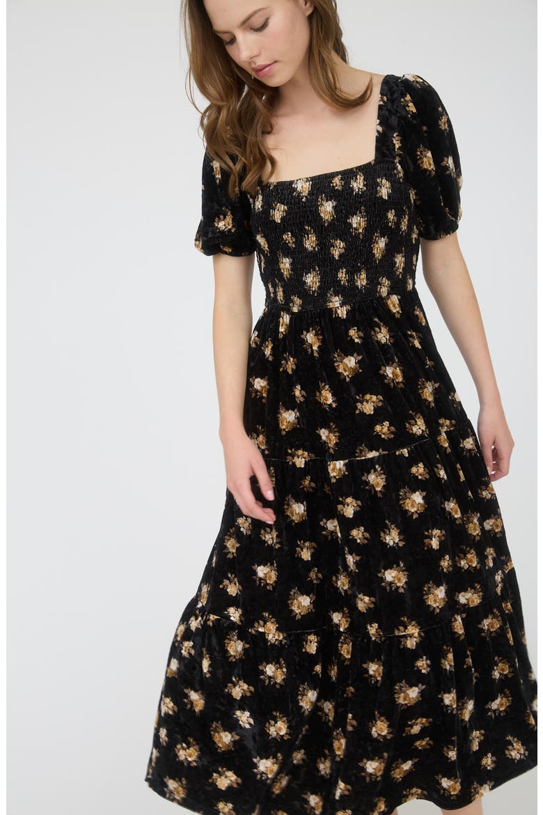 Puff Sleeve Midi Dress, Alternate, color, BLACK MULTI