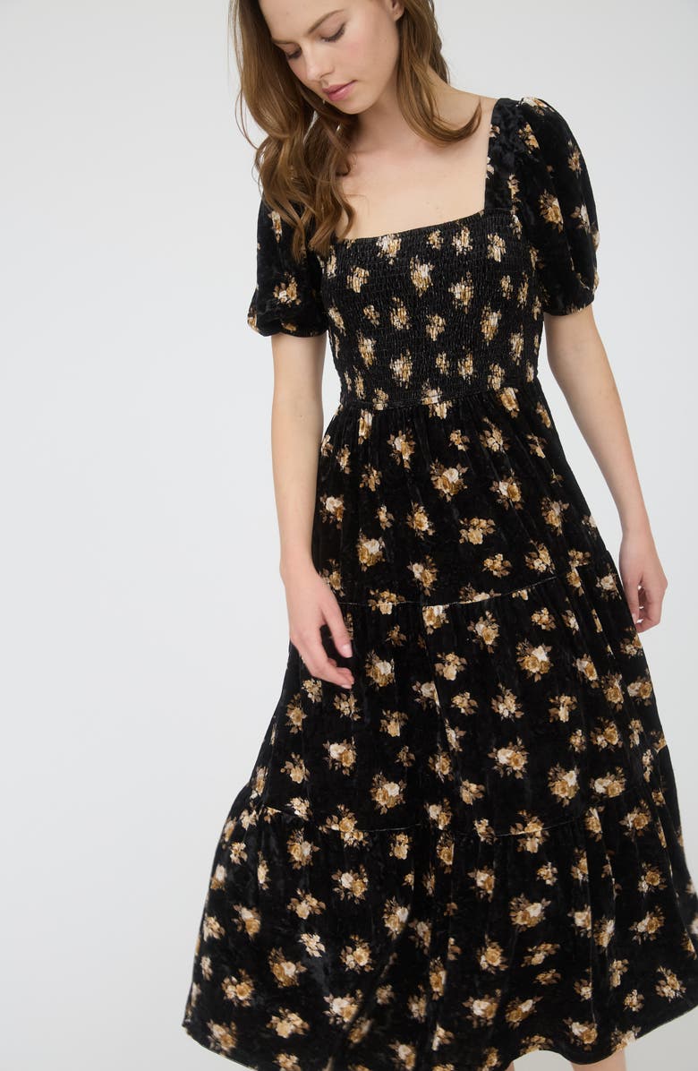 AUGUST SKY Puff Sleeve Midi Dress, Alternate, color, Black Multi