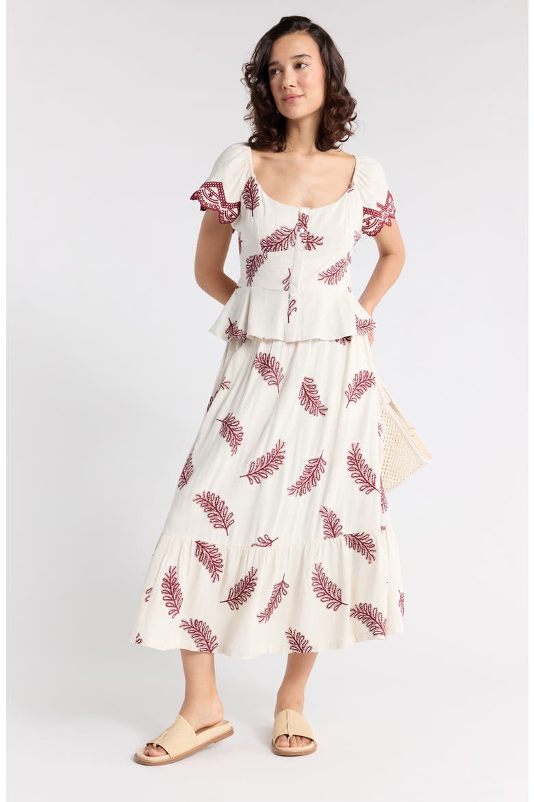 Flounce Midi Skirt, Alternate, color, IVORY BURGUNDY EMBROIDERY