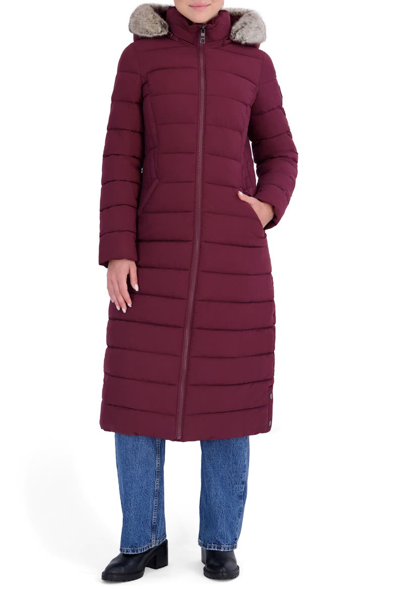 Water Resistant Faux Fur Trim Longline Puffer Coat, Main, color, PRY