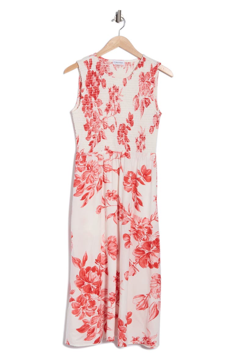 Smocked Sleeveless Midi Dress, Alternate, color, GINGER/ WHITE