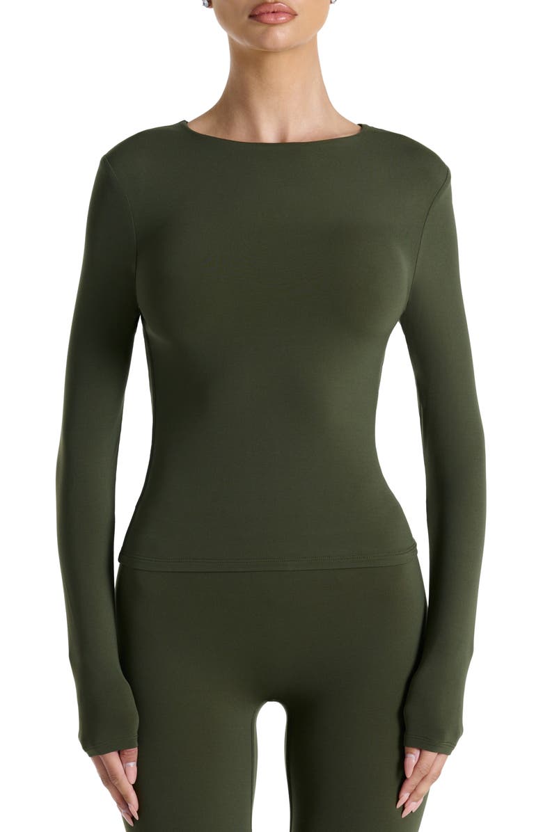 Naked Wardrobe Long Sleeve Crewneck Top, Main, color, Dark Olive