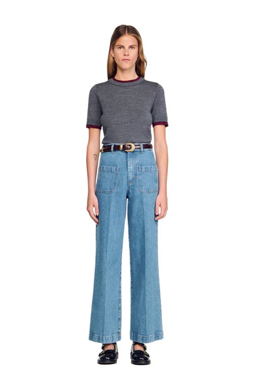 Sandro Two Tone Cropped Short Sleeve Sweater In Gray