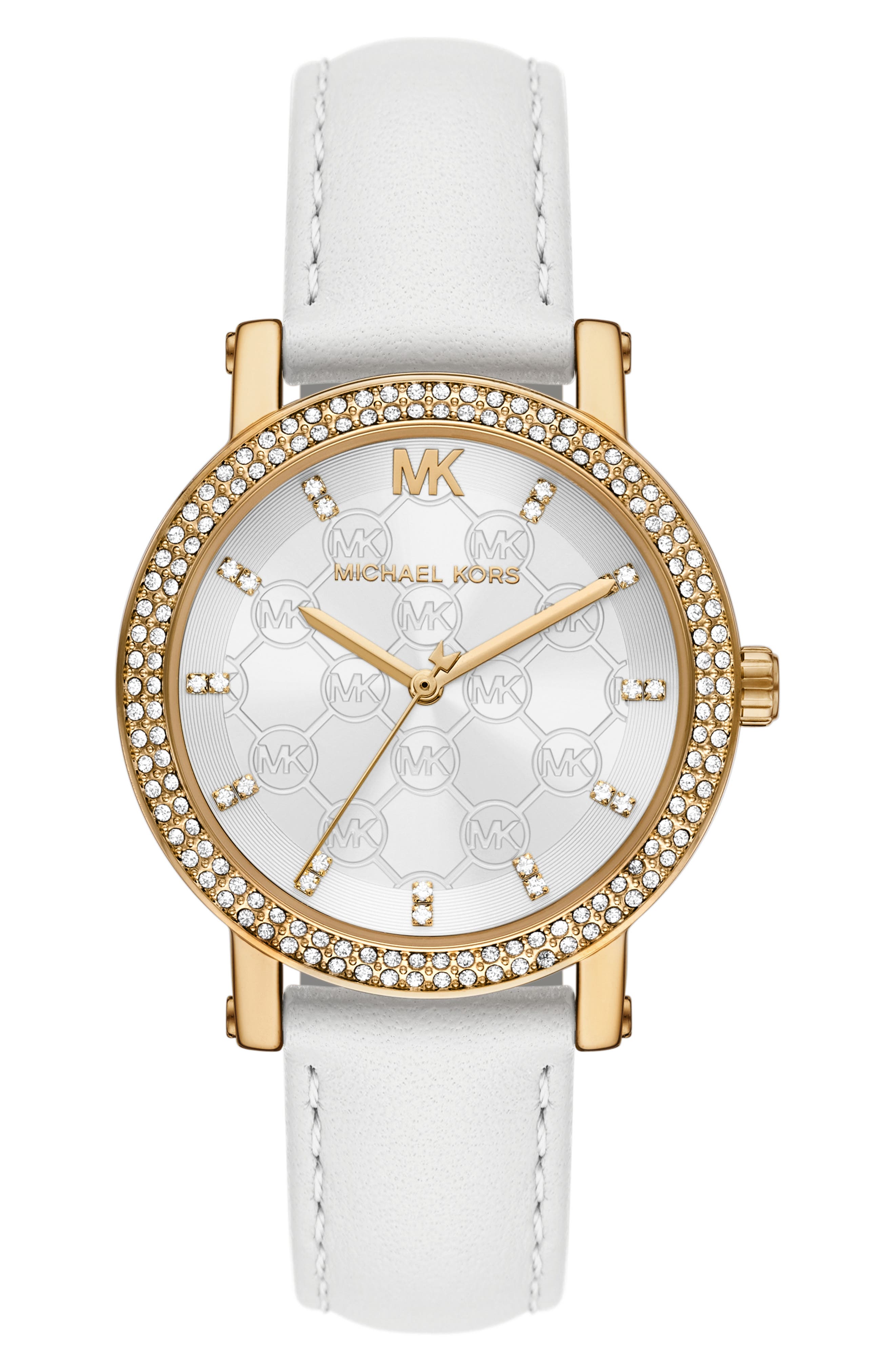 Michael Kors Three Hand Quartz CZ Embellished Leather Strap Watch