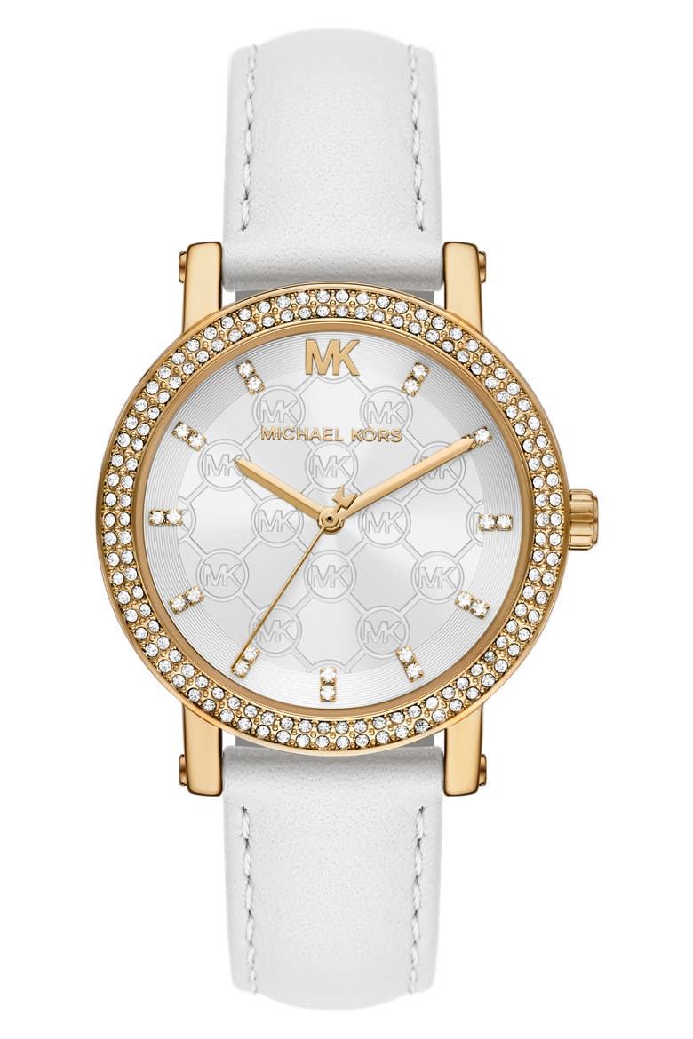 Three Hand Quartz CZ Embellished Leather Strap Watch, 38mm, Main, color, WHITE/ GOLD