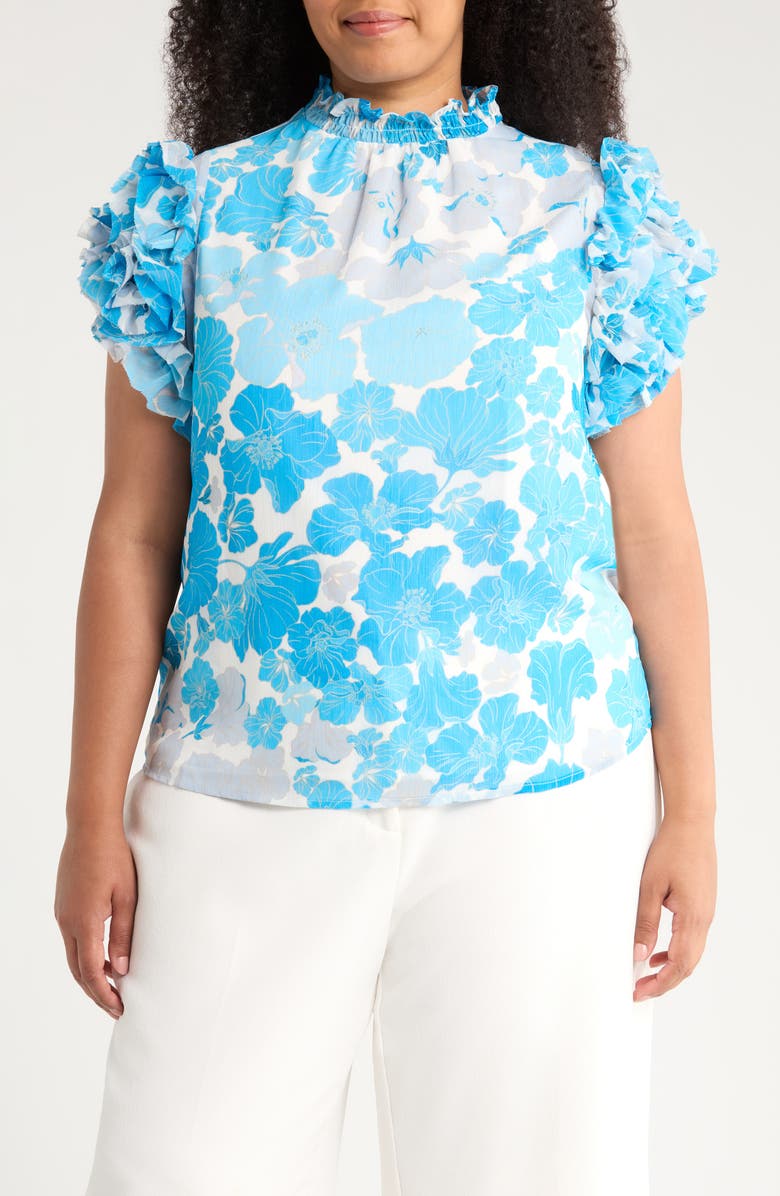 SUGARLIPS Kerela Floral Brenna Mock Neck Top, Main, color, Blue/ White Combo