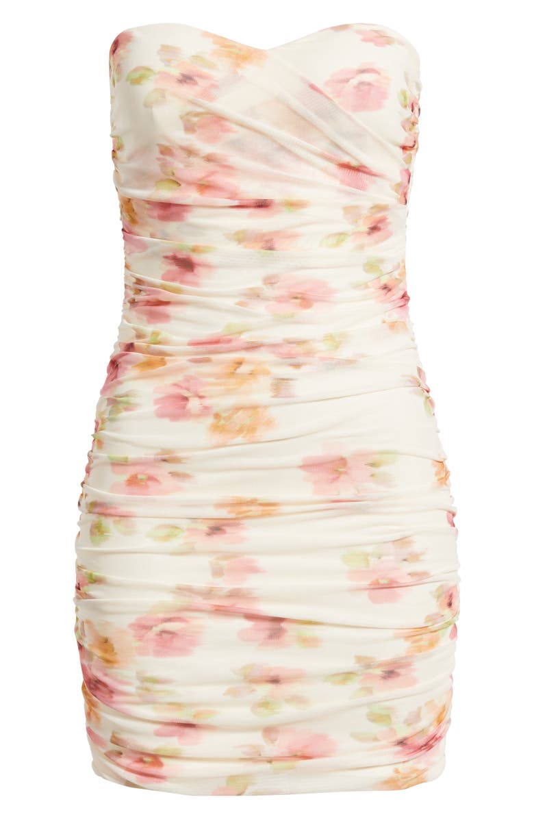 Lulus Bailey Floral Ruched Strapless Minidress, Alternate, color, Peach Multi
